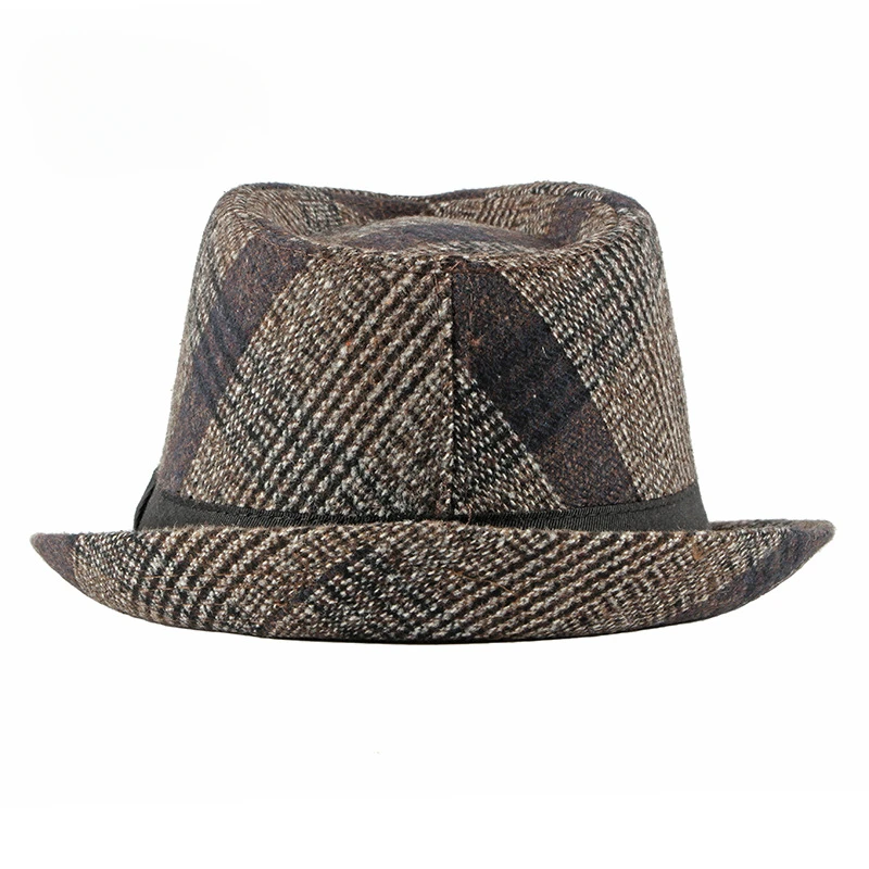 Spring Summer New Vintage Checked Top Hat Men\'s Middle-aged and Elderly Woolen Gentleman\'s Hat Jazz Hat