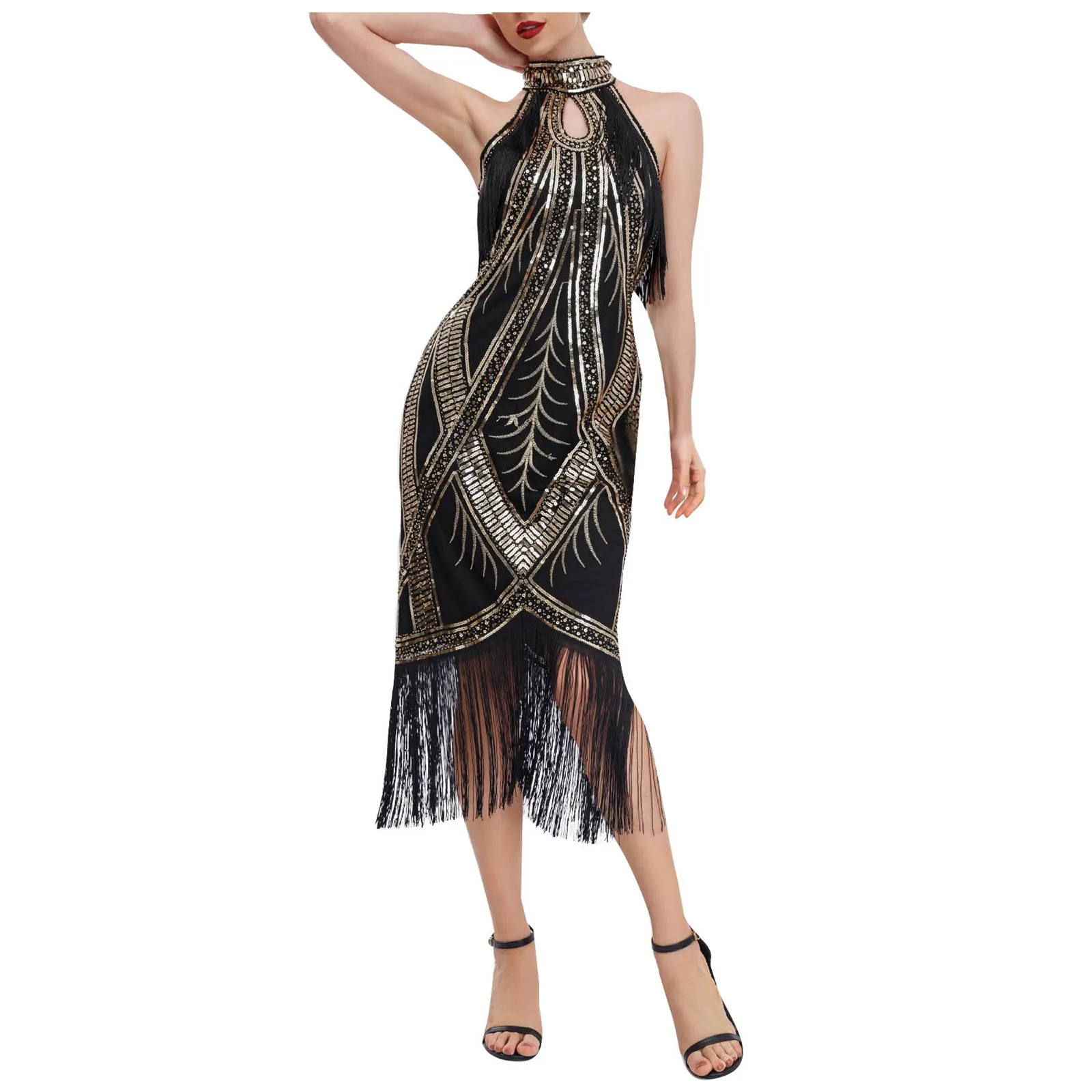 

Ersonality Vintage Long Fringe Dress Womens 1920s Flapper Dress Roaring 20s Sequins Beaded Dress Long Bridesmaid Dresses