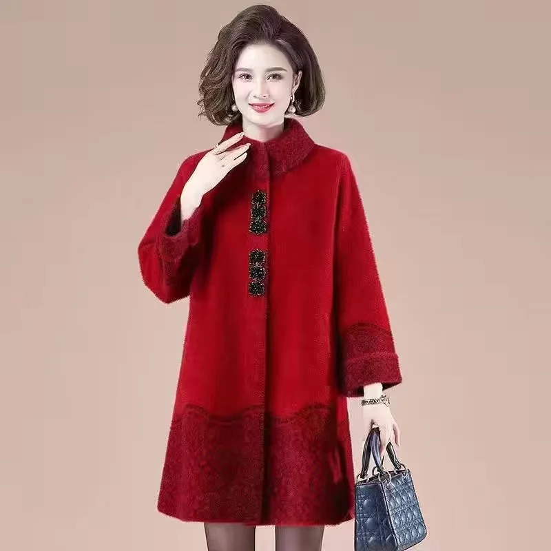 Winter Mother Clothing Faux Mink Fleece Fleece Jacket Plus Size Fashion Women Stand Collar Warm Coat Warm Loose Long Overcoat