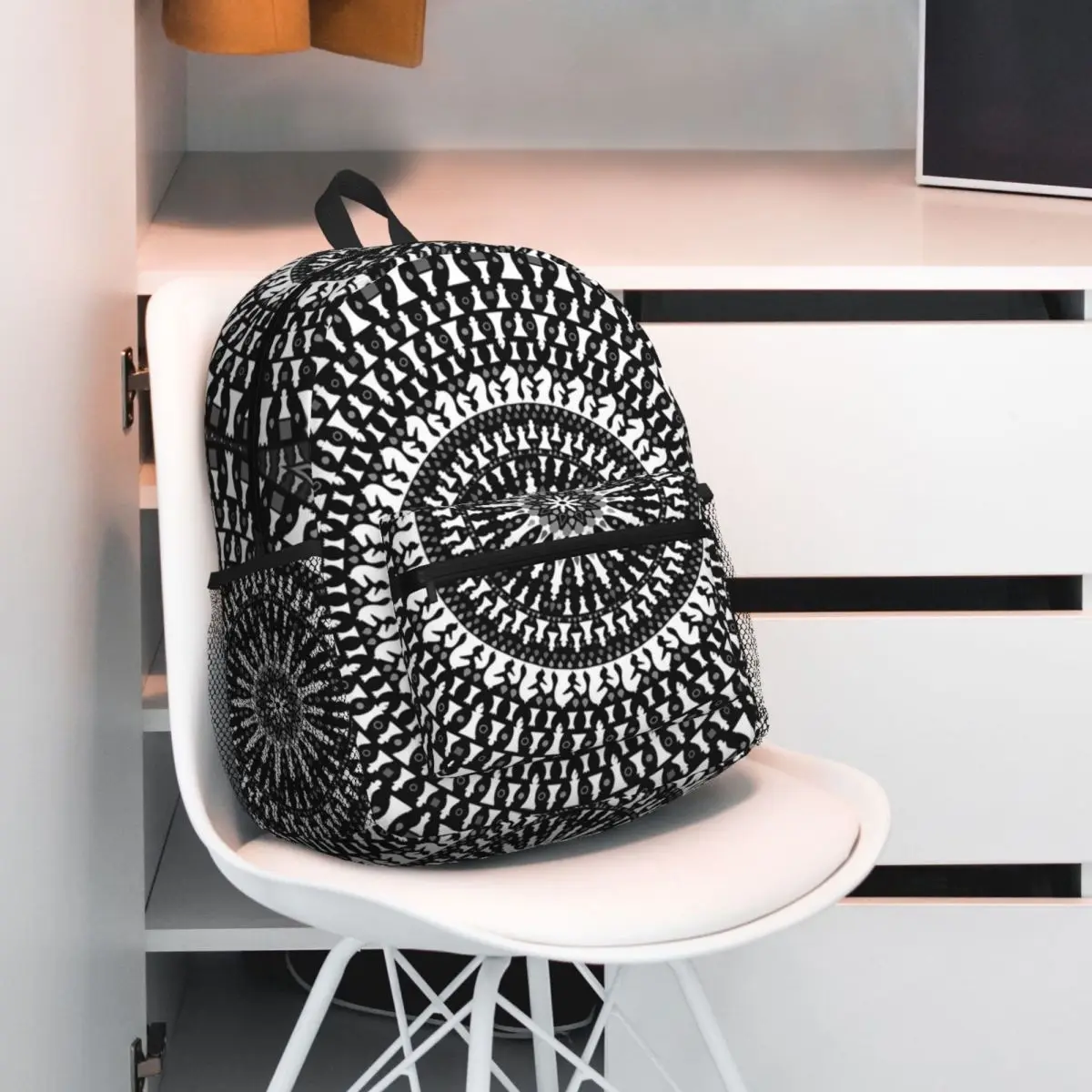 Chess Pieces Mandala Grayscale Chessboard Backpack Student BookBag Kids School Bag Laptop Shoulder Bags for Men Women