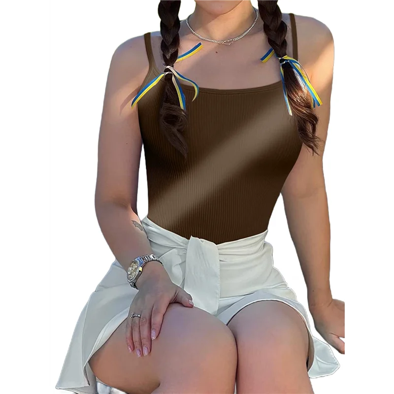 【SEE】レディース 3 ピース ボディスーツ リブ ノースリーブ 調節可能なスパゲッティ ストリップ トップス レオタード 2025 夏