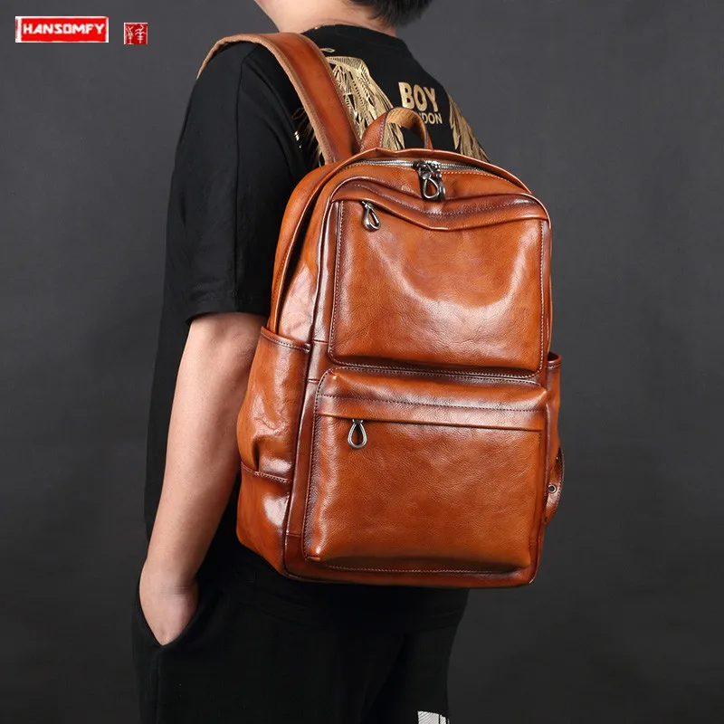 Cowhide laptop backpack men's bag leather backpack large-capacity business travel backpacks casual and comfortable computer bags