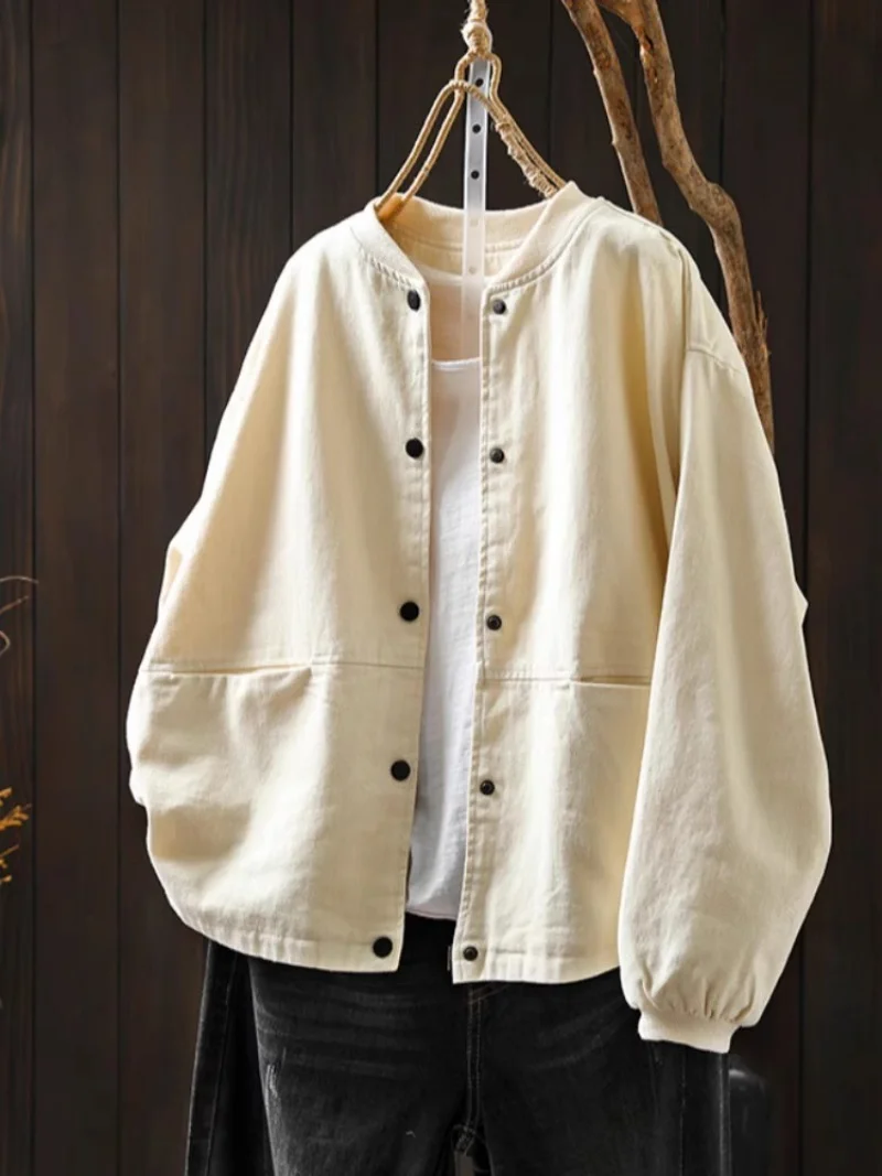 

2025 Retro Baseball Jacket Women's Short Autumn Casual Cotton Stand Up Collar Double Pocket Cardigan Coat Top W647