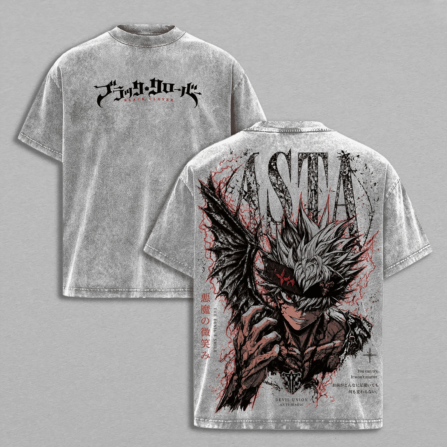 Vintage Washed Black Clover Asta Demon Form Graphic Tee Unisex Oversized Anime Streetwear Short Sleeve T‑Shirt