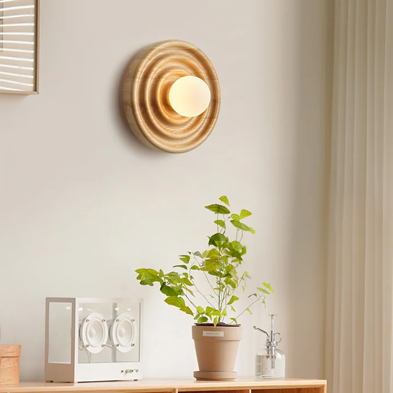 Vintage Round Circle Ash Wood Wall Lamp Living Room Decoration LED Light Dark Wood Color Corridor Creative Bedside Wooden Sconce