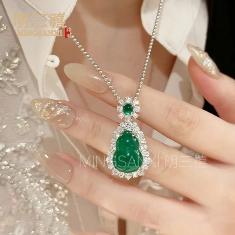 Imperial Green Necklace National Style Gourd Necklace Full Green Natural Chalcedony Comparable to Jade Green Agate Necklace Pend
