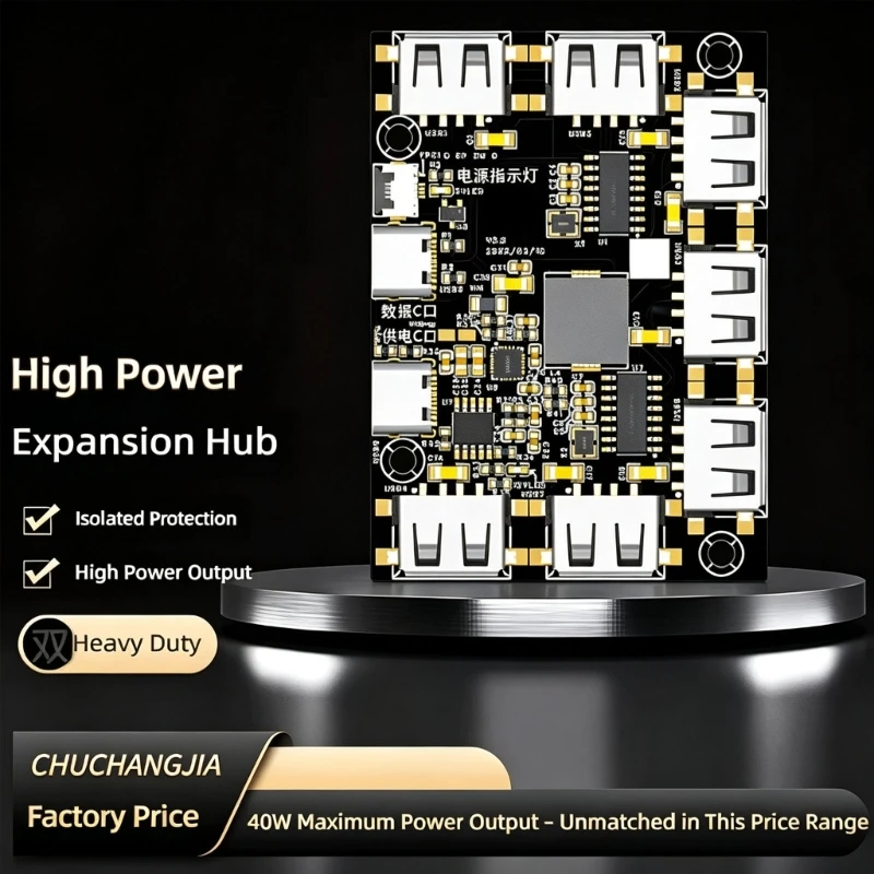 USB2.0 Expander with Seven Access Channels and External Power Input, Square Board for Home Office Tables and Everyday Desk