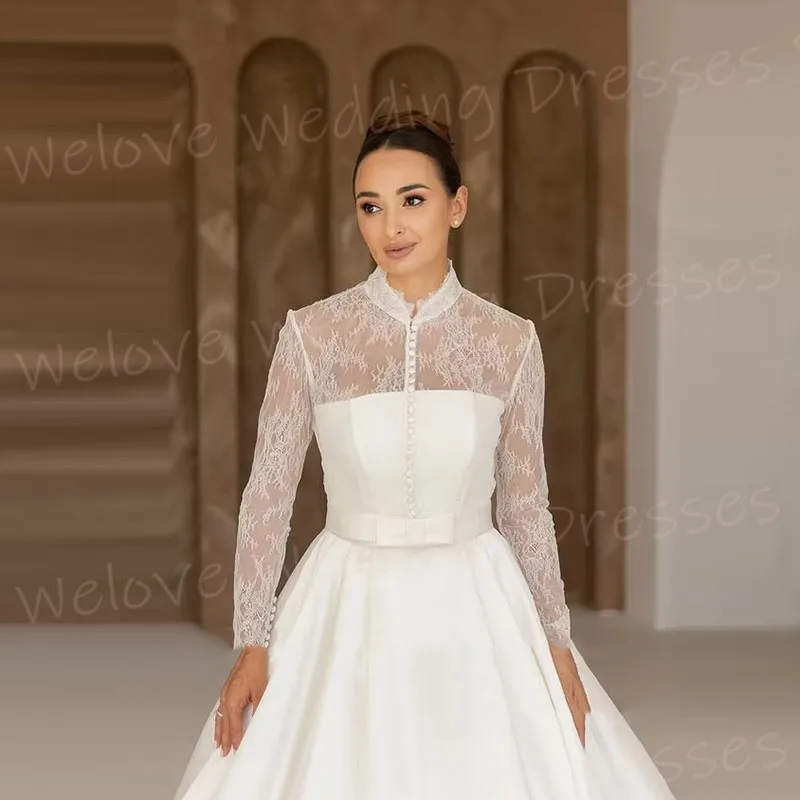 ชุดแต่งงานผู้หญิงทรงเอไลน์เรียบหรู คอสูง แต่งลูกไม้ แขนยาว แบบสั่งตัดได้ ชุดเจ้าสาว Vestido De Novia