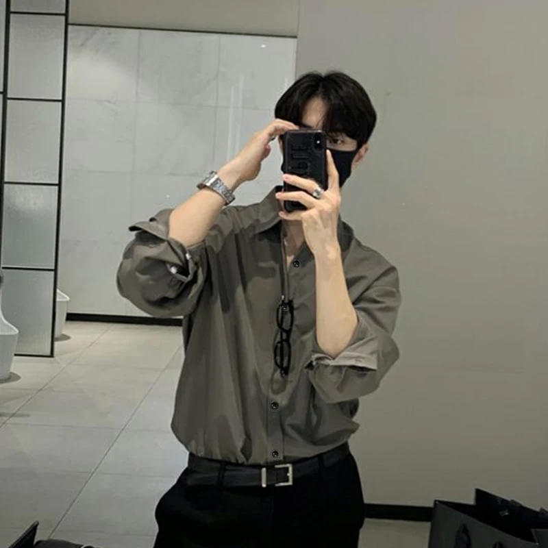 New Korean Business Men Shirts Light Luxury Slim-fit Solid Color Long Sleeve Cardigans Leisure Breathable Solid Color Basic Tops
