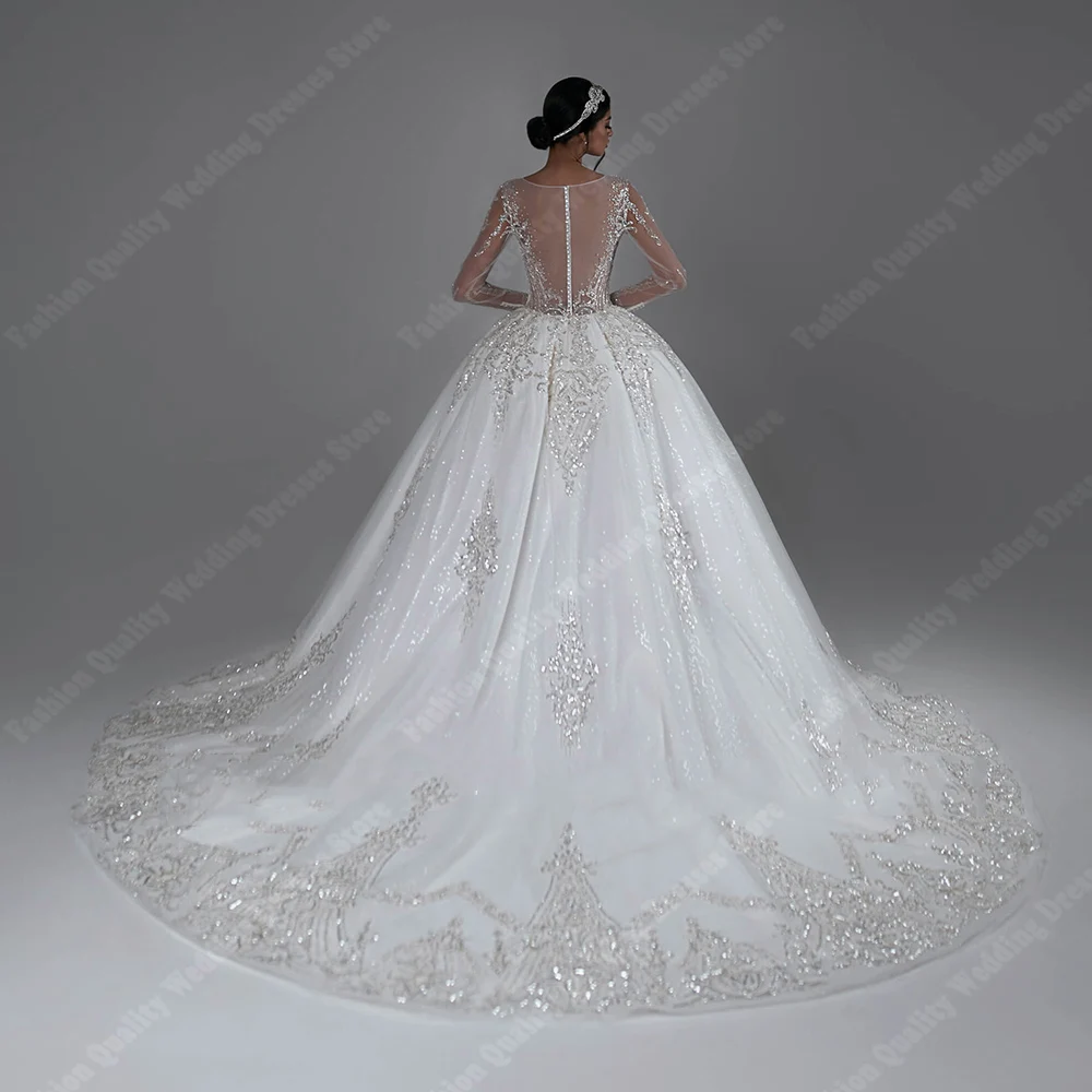 Elegant A-Line Tulle Women Wedding Dresses Princess Sparkling Hem Bridal Gowns Formal Party Long Sleeves Vestidos De Noches 2024