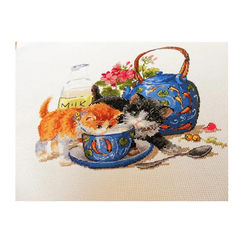 

Cross-stitch set: Kitten and Milk, 28ct, 18ct, 14ct, 11ct embroidery fabric, hand embroidery material package