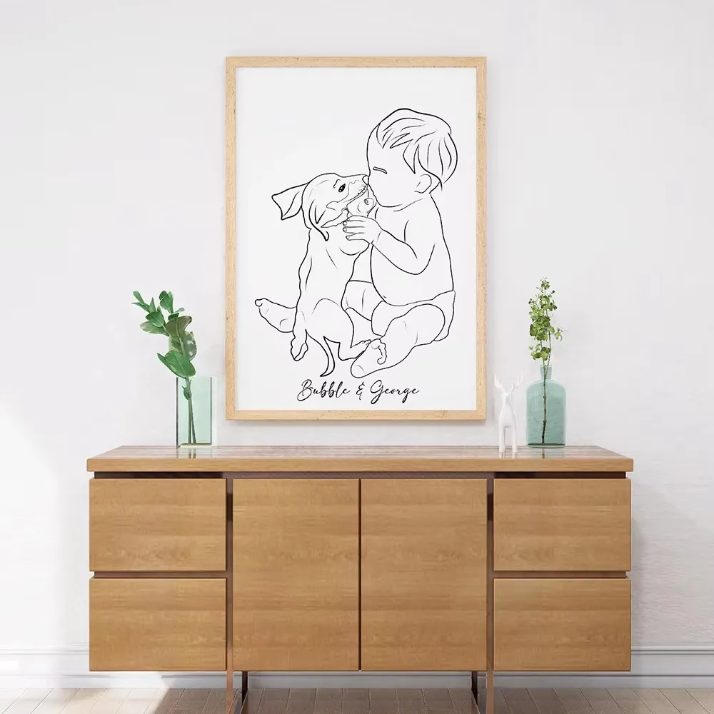 Pet Couple Photos,Personalized Gifts Hand Drawn Line Drawings,Wedding Portraits,Anniversary Gifts birthday gift bedroom decor