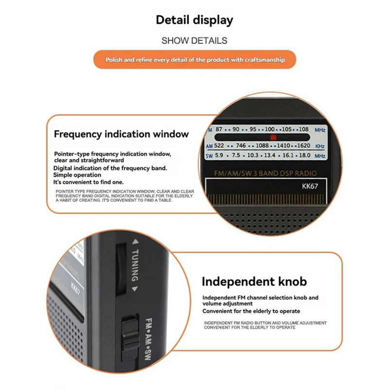 KK67 Handheld Radio Built-In Speaker Stereo Radio SW AM FM Mini Portable Radio Outdoor Emergency Speaker Device-TCES