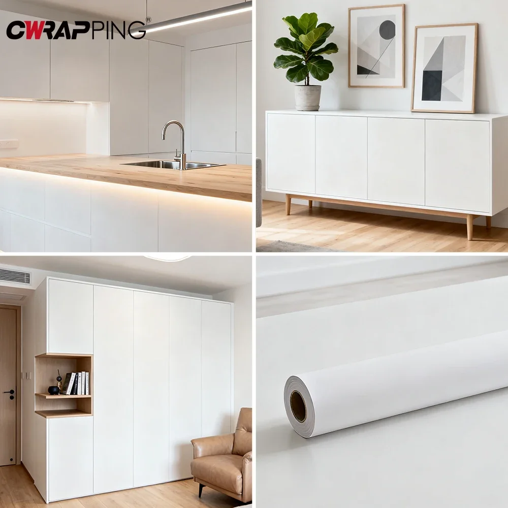 Pannello da parete decorativo bianco opaco Sfondi impermeabili Carta da parati autoadesiva Carta da parati per armadi da cucina in PVC Carta per decorazioni per la casa