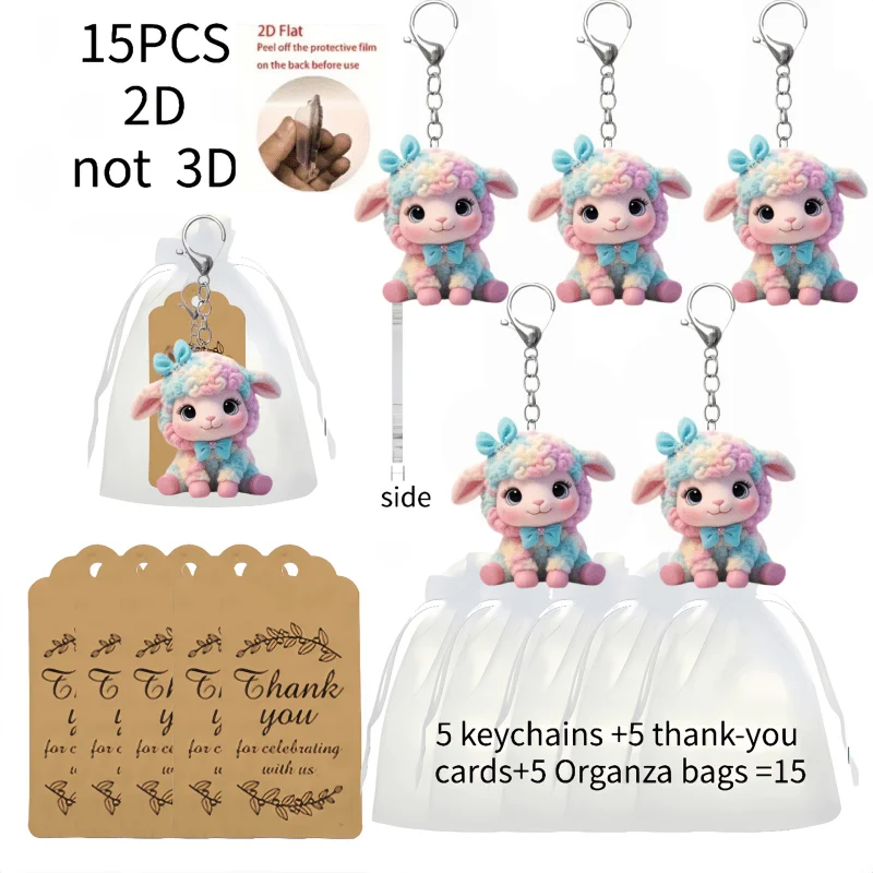 5sets Cute Lambs Keyring Packs Includes Acrylic Keychains & Thank-you Cards & Gift Organza Bags Decorating Car Keys Party Gifts