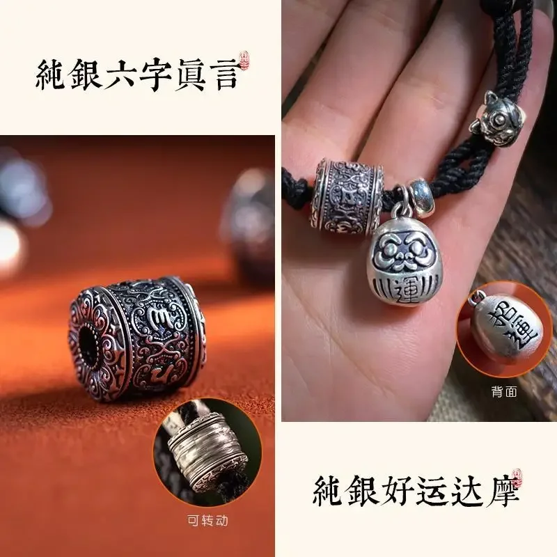 Pulsera de cuerda de Mano Negra tejida a mano para hombres y mujeres, joyería de mano tibetana, Plata de Ley 925, palabras reales de seis caracteres, Dharma