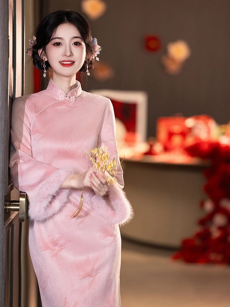 

Pink Thiened Suede Winter Wedding Dr New Chinese Sle Long Sve High Slit Ele Mid-Length Qipao Dr