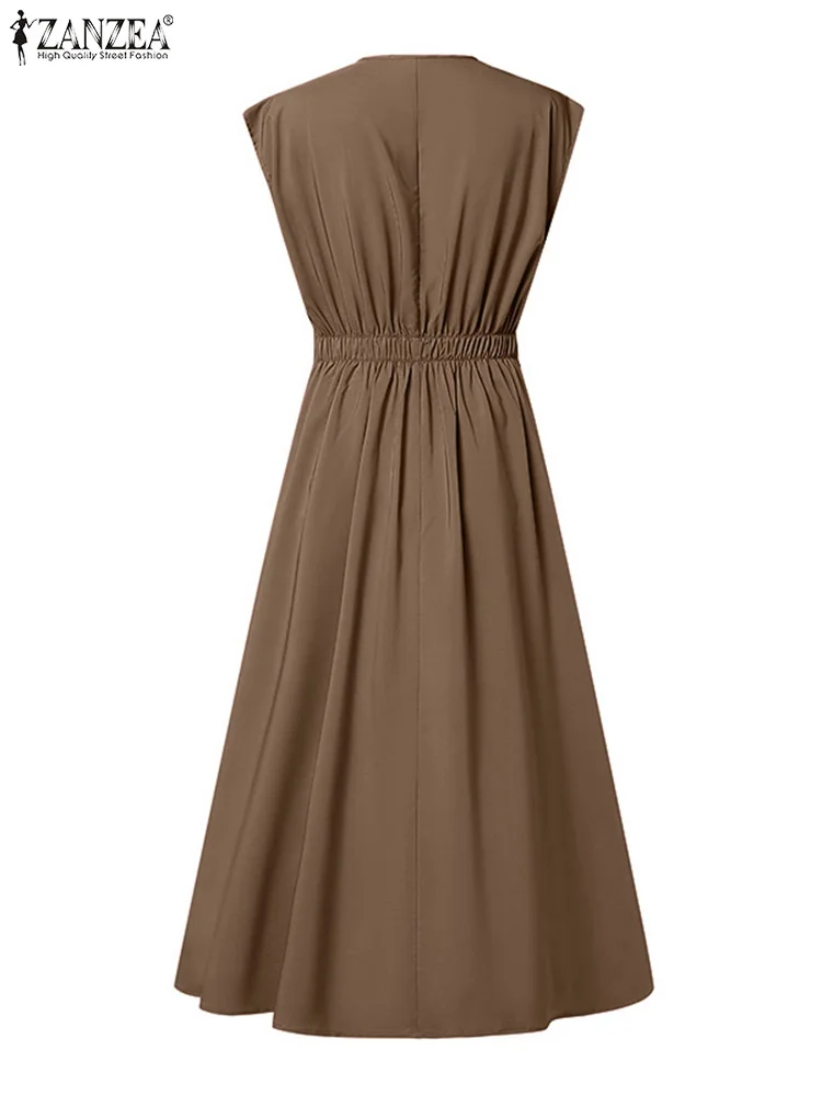 ZANZEA Donne Pieghettato Veste Femme Estate Con Scollo A V Senza Maniche Elegante Partito Abiti Lunghi A Vita Alta Alla Moda Una Linea di Abiti