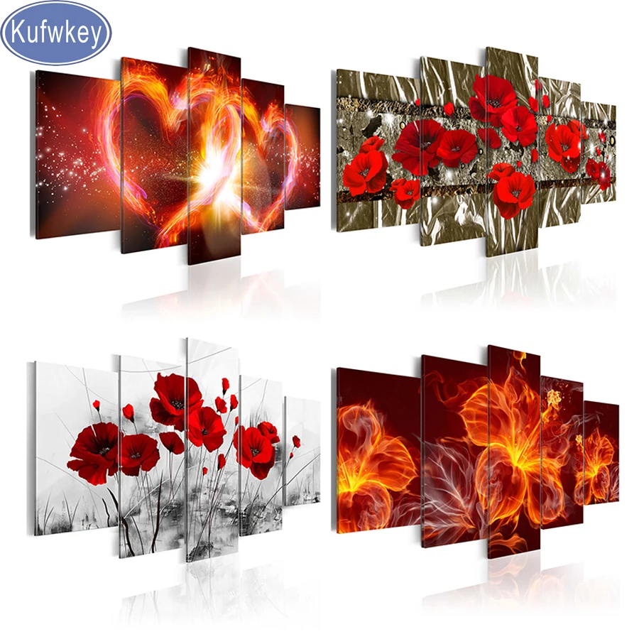 Pittura diamante Flora rossa 5 pannelli diamante ricamo mosaico immagine di strass punto croce decorazione della casa Multi-foto