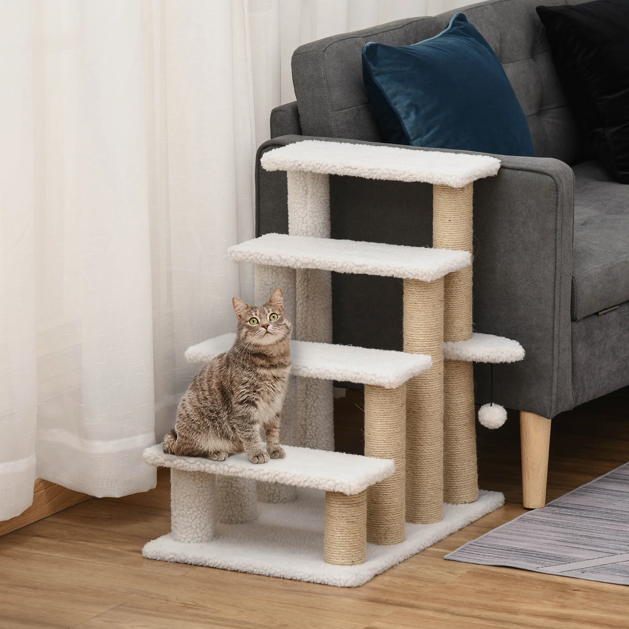 Escabeau 4 marches pour animaux avec griffoir, peluche et jute, blanc, 60x40x64cm pour chats et chiens.