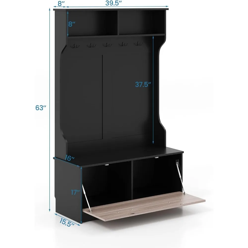 Multifunctional Entryway Coat Rack with Storage Bench and 5 Hooks, Freestanding Hall Tree for Home Organization