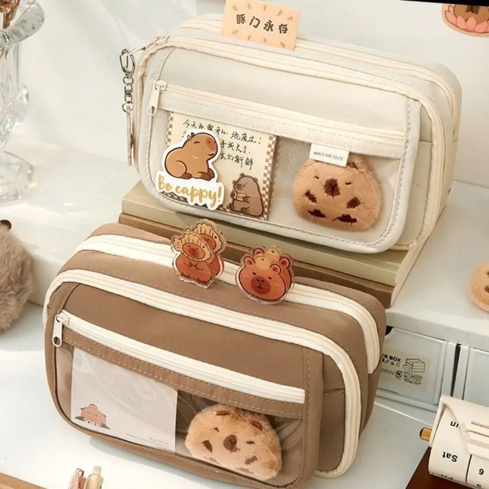 Estuche de lápices transparente Capybara de gran capacidad con bolsillo frontal, estuche transparente para bolígrafos, caja de papelería con cremallera multifuncional