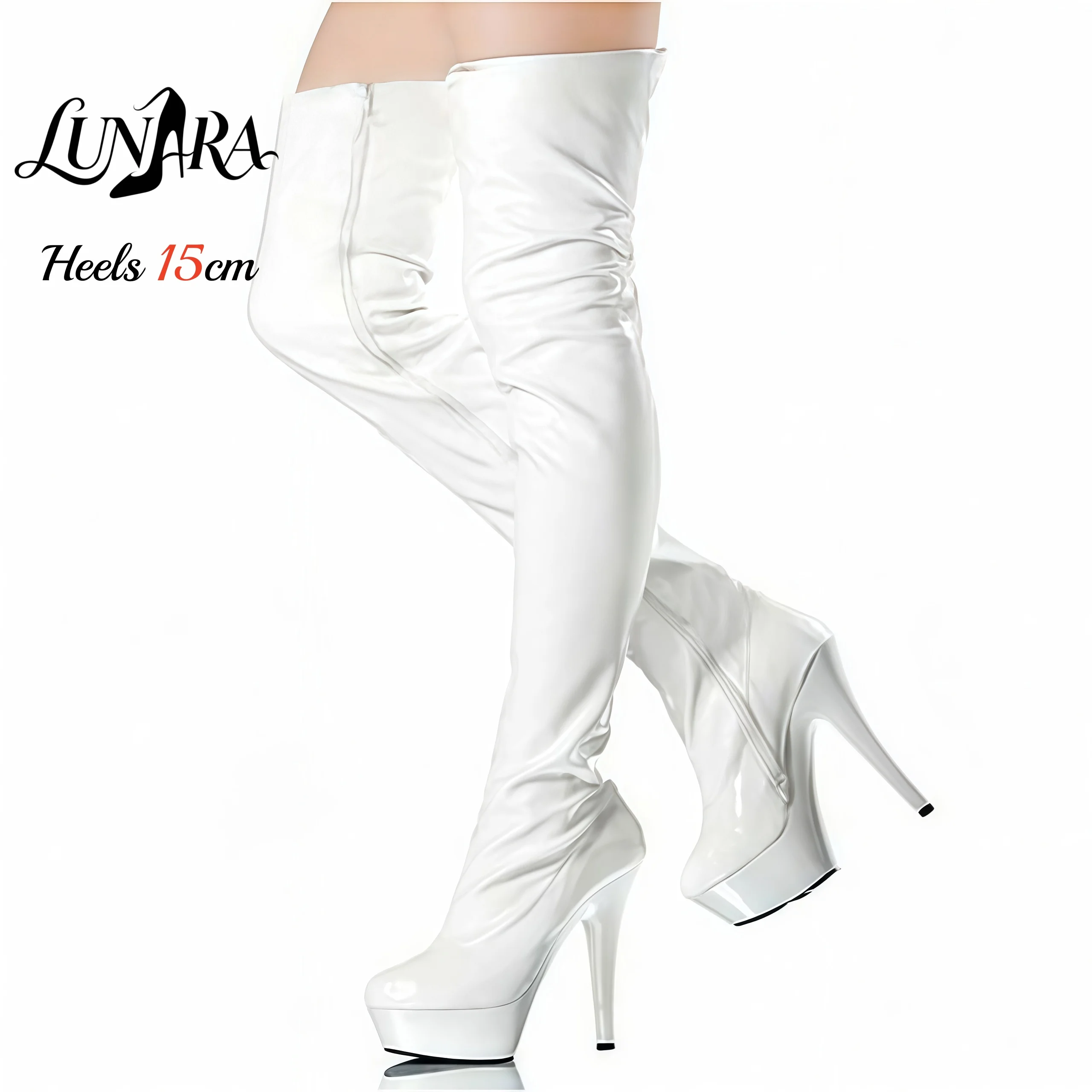 15cm/6Inch Black Patent Platform High Heel Thigh High Boots Lace-Up Zipper Non-slip Nightclub Pole Dance Ladies Rave Stage Goth