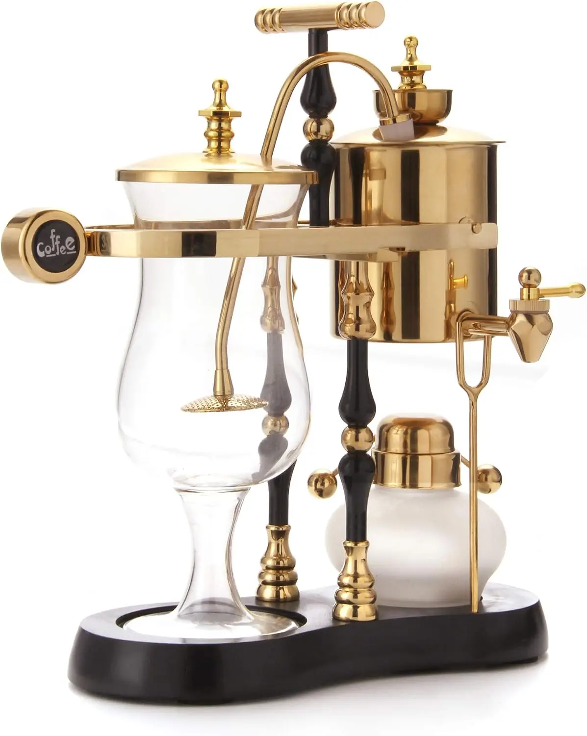 Belgian/Belgium Family Balance Siphon/Syphon Coffee Maker, Elegant Double Ridged Fulcrum with Tee Handle (Egyptian Black & Gold)