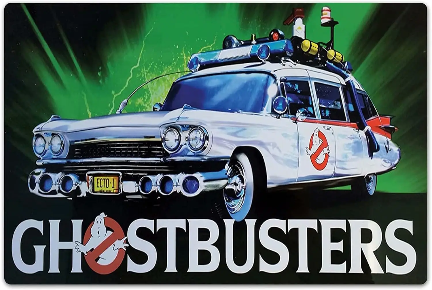 1P,OKMJ Movie Metal Tin Sign Ghostbusters Car Poster Tin Sign Home Bar Bedroom Room Decor 12x16 inch