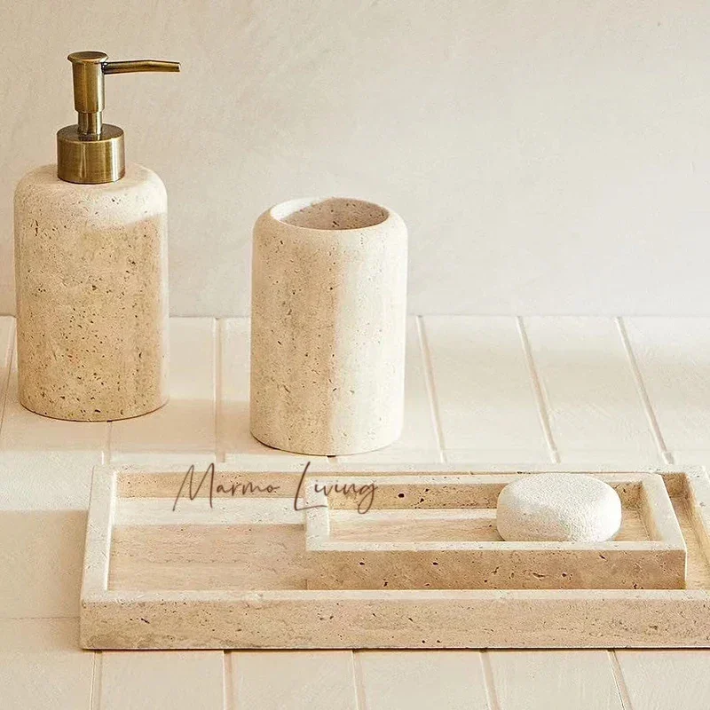 

Travertine Tray for Bathroom Vanity Dresser Kitchen Sink Marble Countertop Organizer for Soap Dispenser Scented Candle Perfume