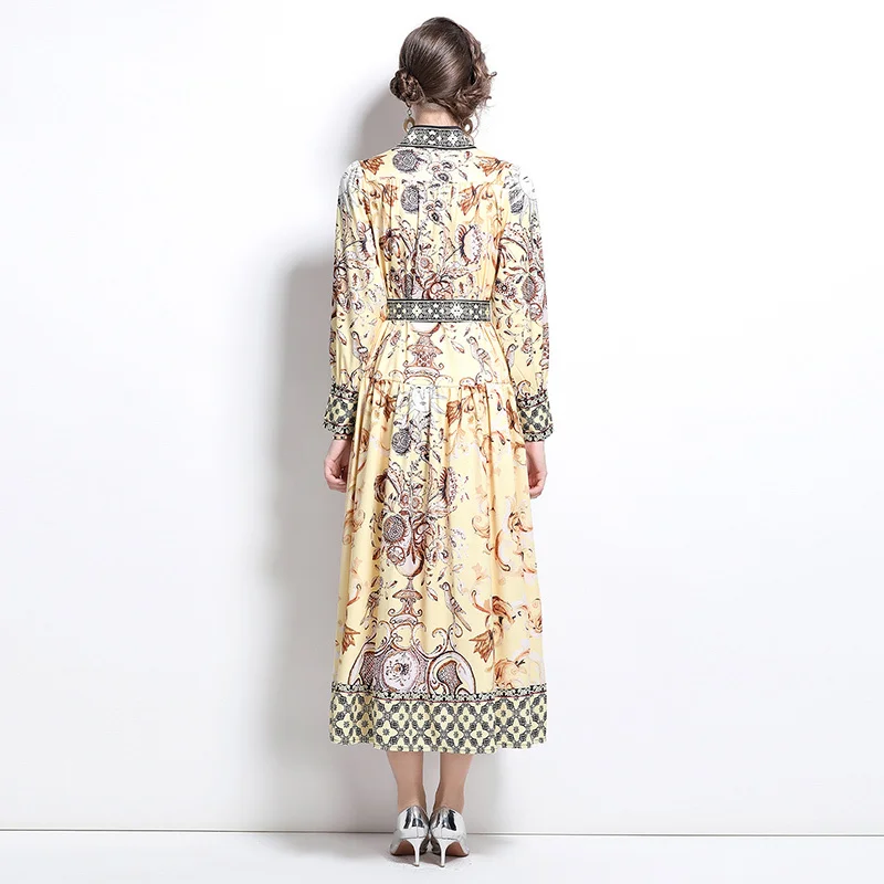 Runway 2025 Spring Full Sleeve Floral Maxi Dress Shirt For Women\'s Single Breasted Palace Design Golden Print Long Dresses Party