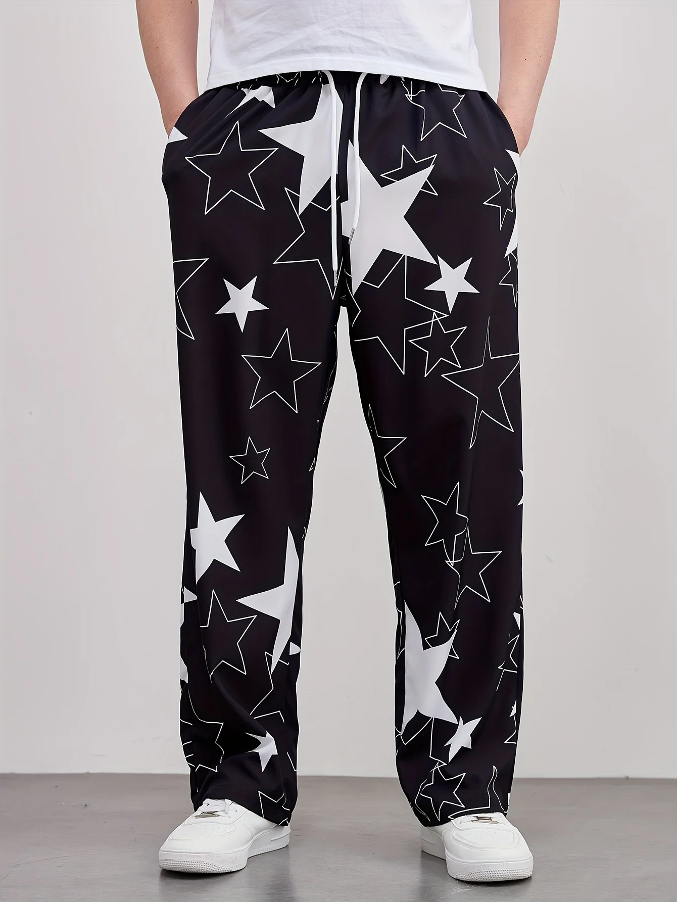 

Мужские длинные брюки с случайным принтом звезд, повседневные прямые брюки с карманом на шнурке