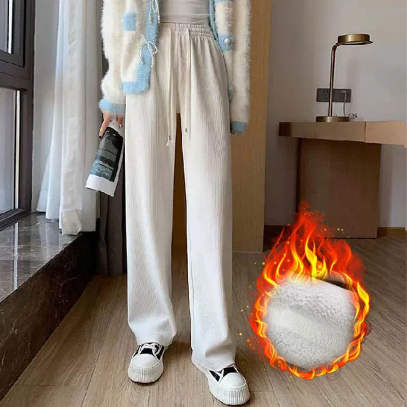 بنطلون بساق مستقيمة للنساء ، بنطلون طويل أحادي اللون ، بنطلون حراري قطيفة للسيدات ، ساق واسعة ، أوقات ترفيهية موجزة يومية ، نسخة كورية ، الخريف والشتاء ،