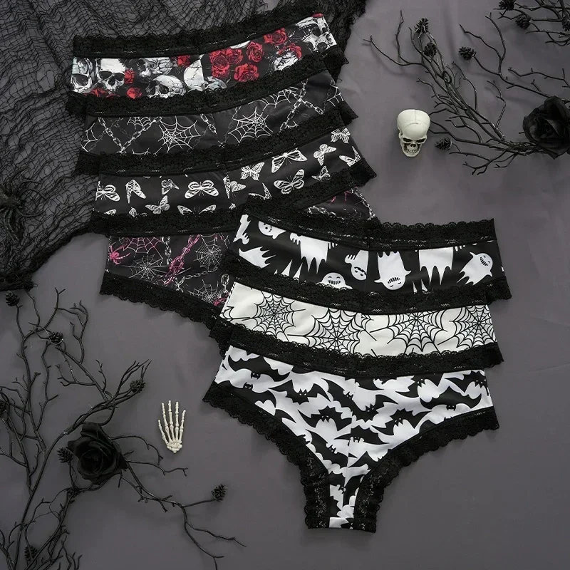 2Pc Set Halloween Underwear Women's Lace Ghost Bat Skull Gothic Style Personalized Comfortable Breathable Triangle Pants