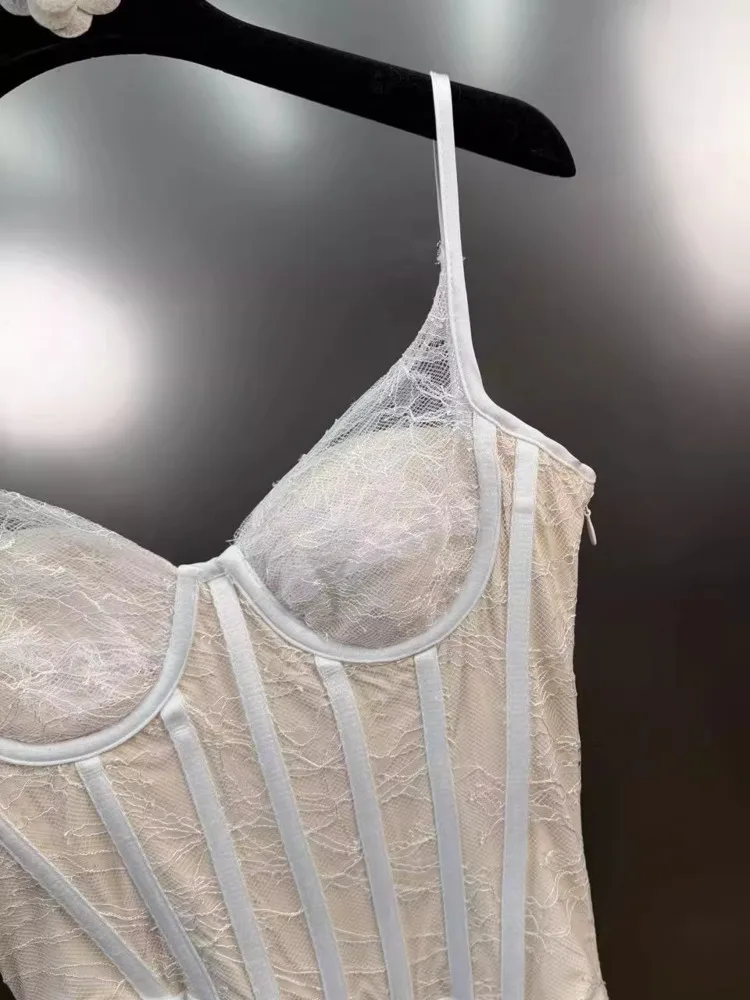 DFDG femmes printemps été blanc dentelle Cami robe Satin froncé jupe élégante fête Clubwear 2025 à la mode féminine robe de mode
