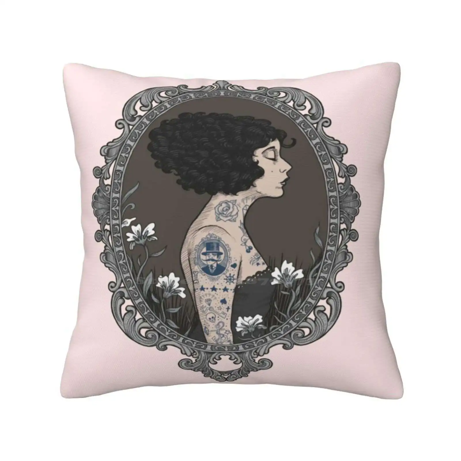 Tattoue | The Tattooed Lady | Art Nouveau Funny Cute Decor Square Pillowcase Tattooed Frame Vintage Woman Art Nouveau Flowers