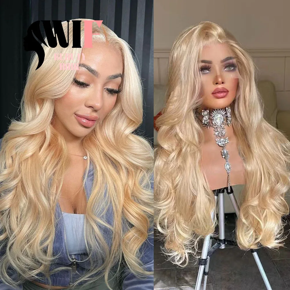 WIF-peluca sintética rubia ondulada para mujer, pelo rubio dorado con encaje frontal, maquillaje para Cosplay