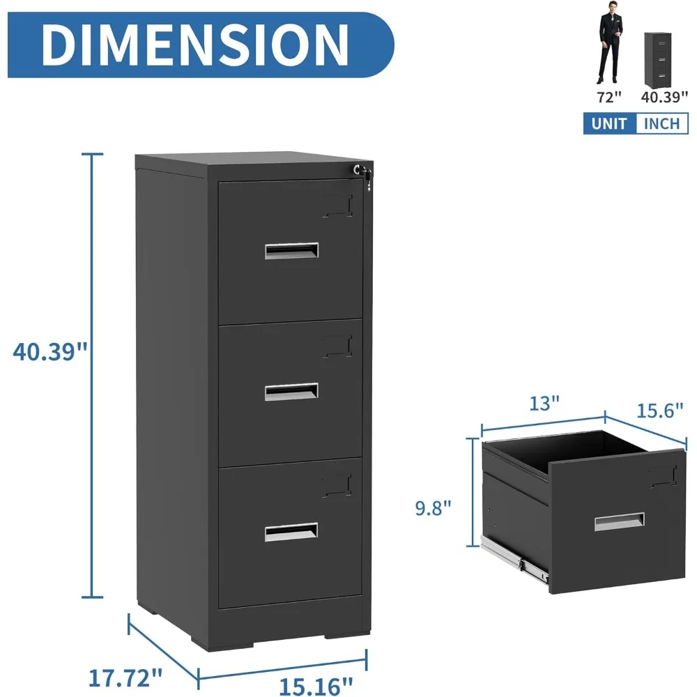 Metal Vertical File Cabinet with Lock, 3-Drawer Steel Storage Cabinet for Home Office, Hanging File Organizer
