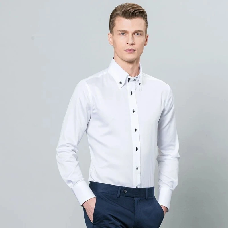 Fashion White Dress Shirt for Men - Slim Fit Casual Business Shirt with Drill Buckle Turtleneck Button Down Collar Long Sleeves