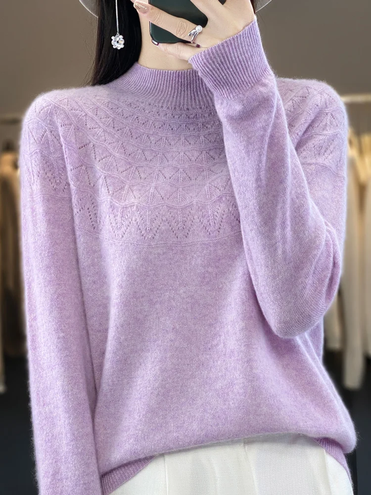 New Fashion Spring Long Sleeve Women Knitted Sweater 100% Merino Wool Mock Neck Pullover Clothing Knitwear Basic Jumper Tops
