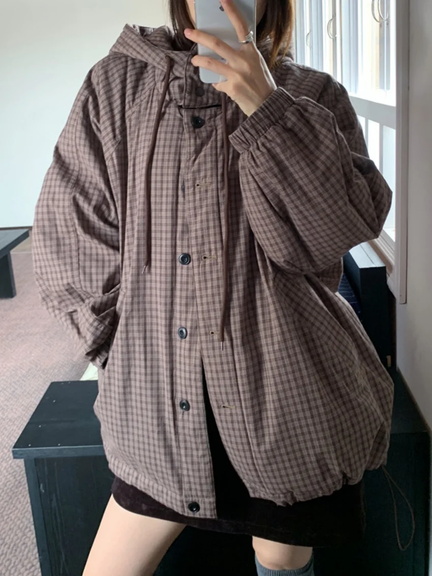 Parki damskie Alien Kitty z bawełny, klasyczne z kapturem, zimowe, codzienne, nowe, w kratę, luźne, szykowne, minimalistyczne, delikatne, do biura, na co dzień, model 2026.