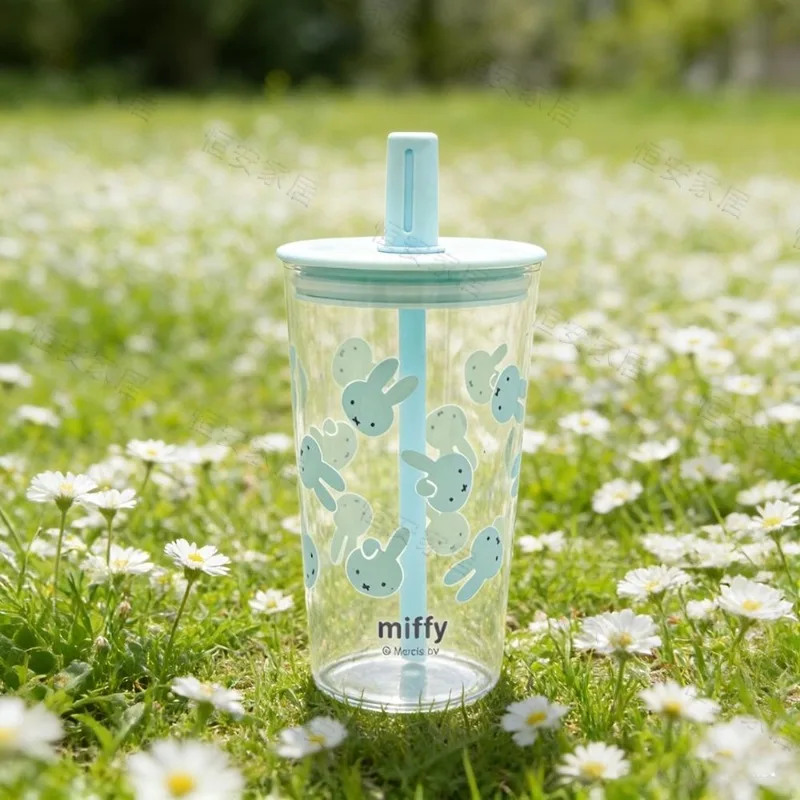 Miffy Glass Cup with Straw Cute Cartoon Drinking Glass Large Capacity Milk & Coffee Tumbler for Girls Heat-Resistant Gift Ready view 2