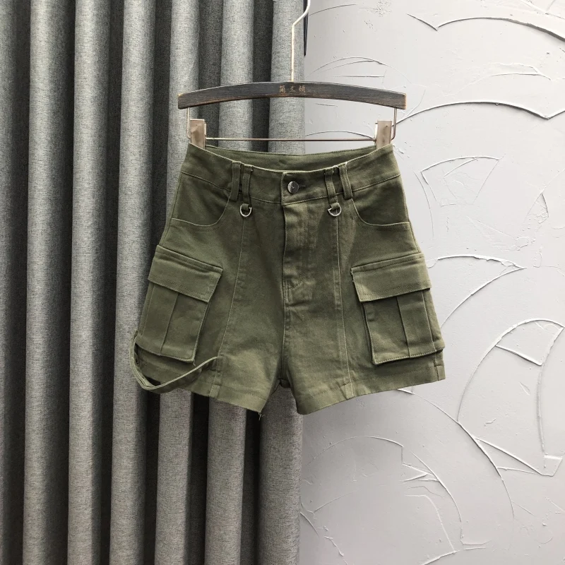 Military Green High Waist Casual Denim Shorts Women's Loose Wide Leg A-Line Utility Pants Autumn Winter Fashion Hot Pants