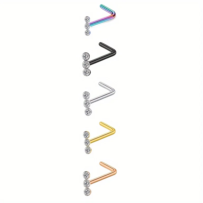 1pcs Colorful Stainless Steel Rod L-Shaped Three Rhinestones Nose Nail Piercing Jewelry  Decoration For Woman and Man