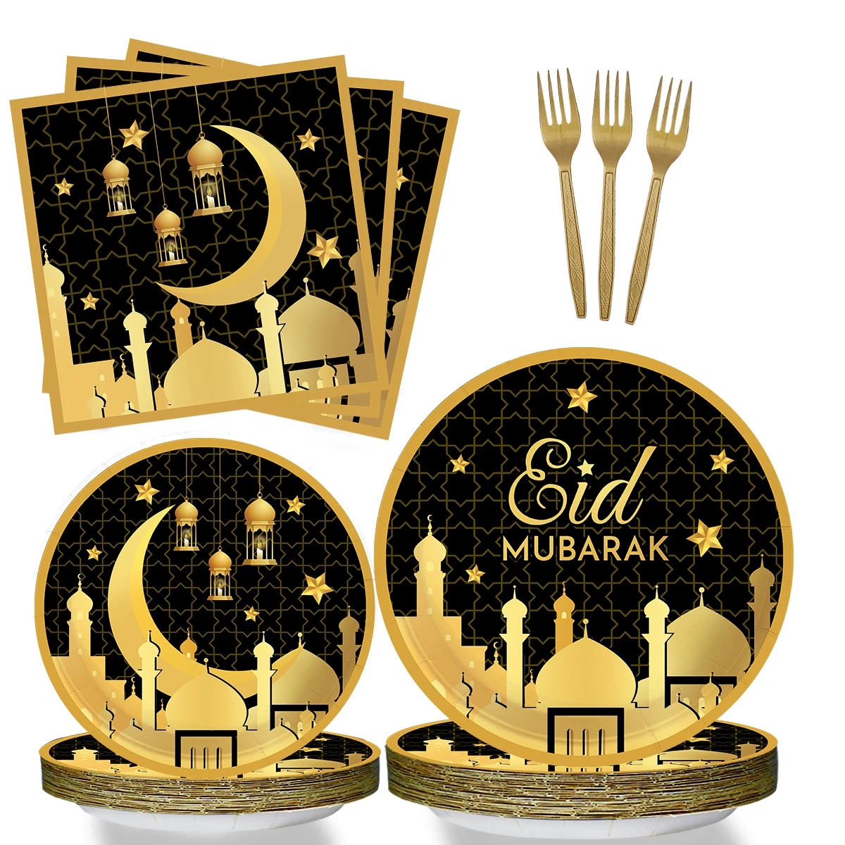 Decoración Eid Mubarak, platos de papel desechables, vasos, servilletas, globos, Eid Mubarak, Festival musulmán islámico, suministros de decoración para fiestas