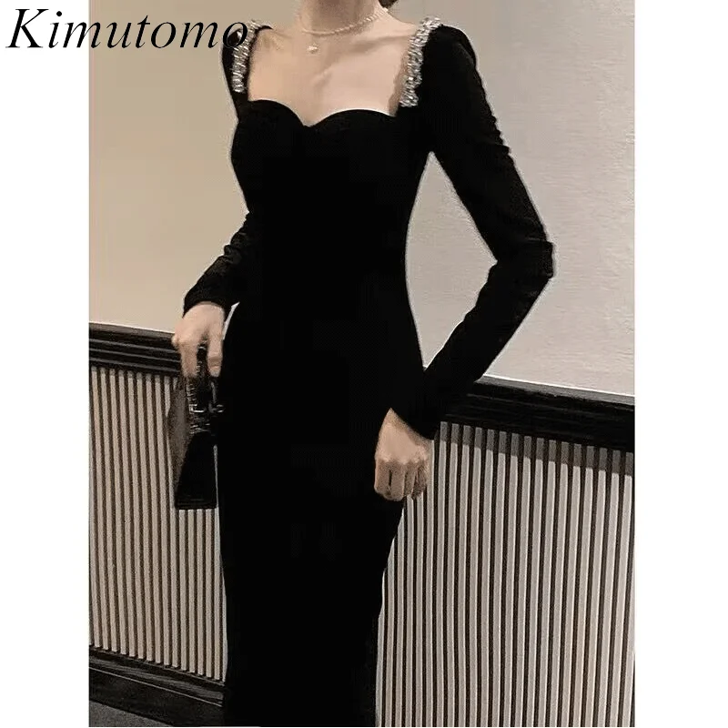 Kimutomo Velvet Black Hip Maxi Dresses Square Collar Beaded Puff Long Sleeves Evening Dress Small Fragrance Vestidos De Fiesta