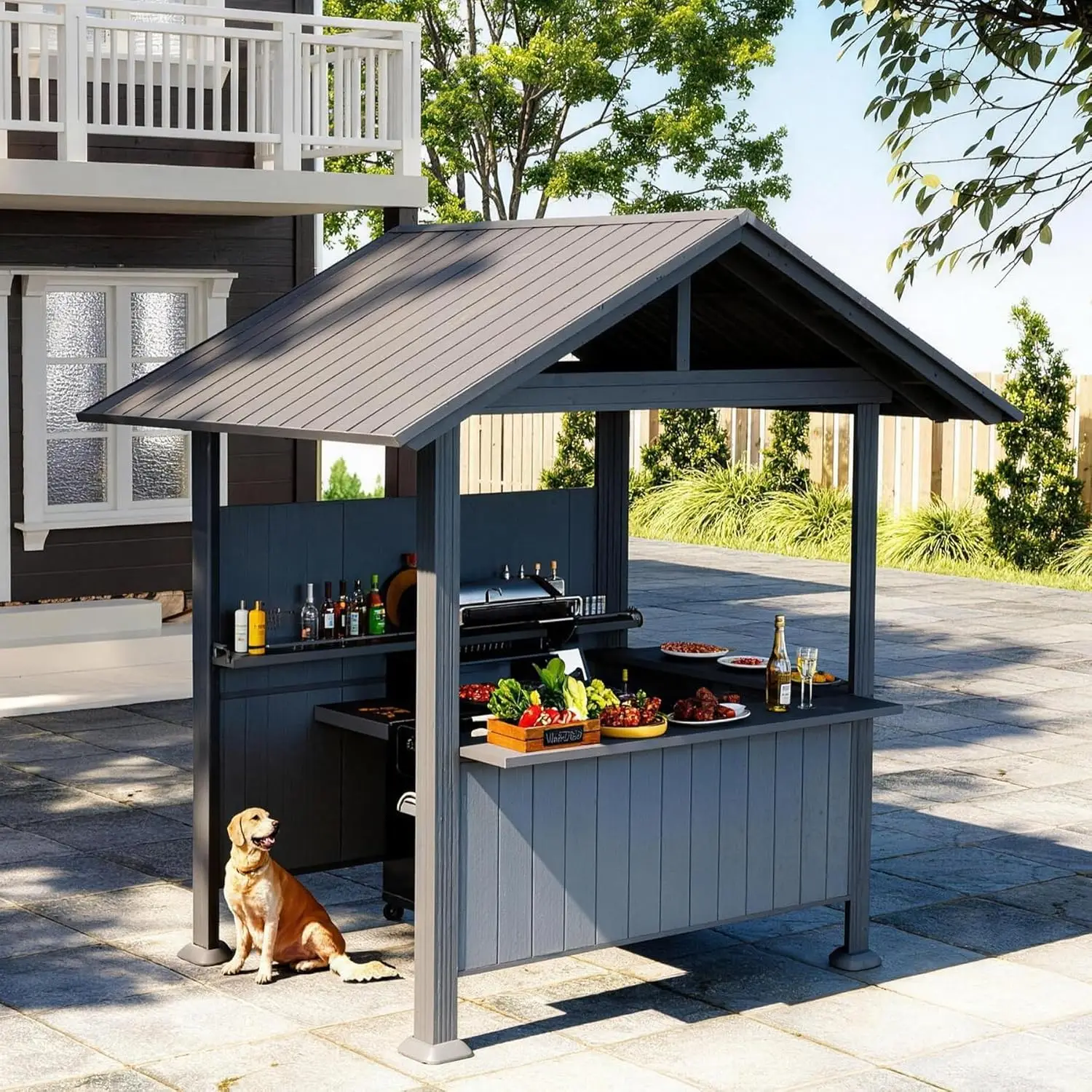 Galvanized Steel Hardtop Gazebo, Double Roof BBQ Canopy with Storage Shelves & Resin Sunshade System for Outdoor Patio