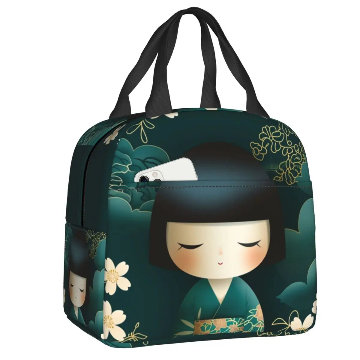 Custom Japanese Kokeshi Doll Thermal Insulated Lunch Bag Women Portable Lunch Tote Camping Travel Multifunction Food Bento Box