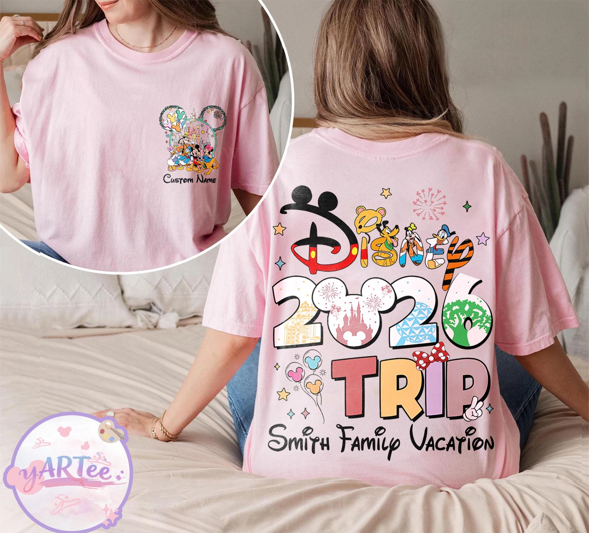 

Футболка с двусторонним принтом Disney 2026 Travel, футболка для семейных каникул Disney, одежда для родителей и детей Disney 2026