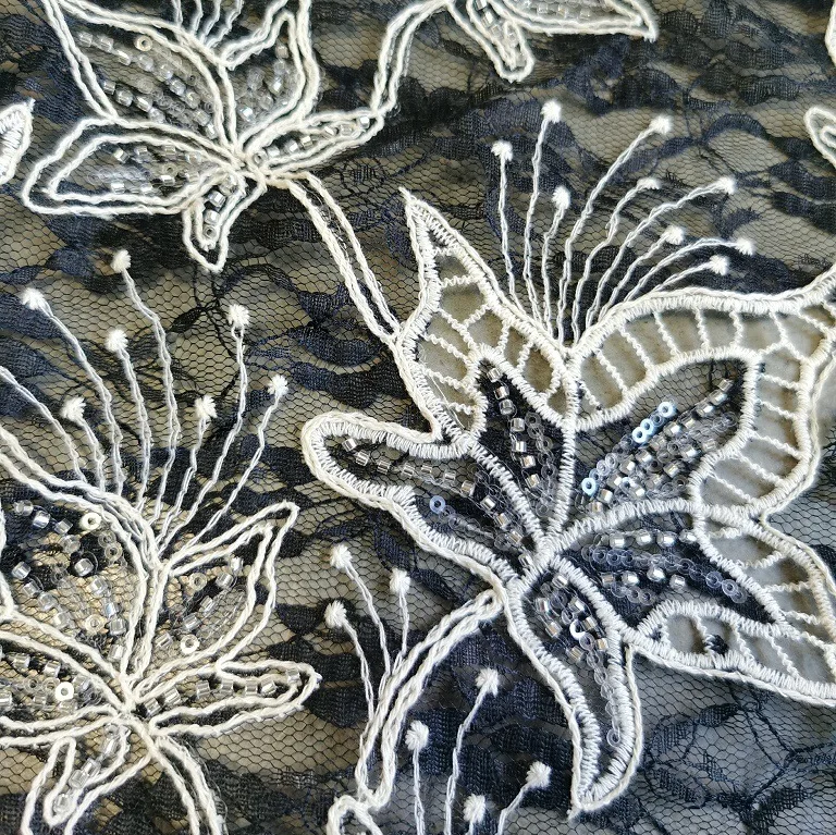High-end lace laser embroidered fabric with 3D bead and sequin embroidery lace material for wedding dresses formal gown sewing